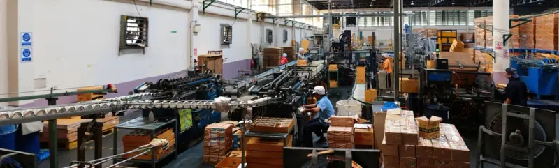 Workers at packaging lines in a wide production hall full of machines and boxes